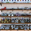 Vibrant Dinnerware Set Display on Shelves with Floral Tiles and Assorted Bowls Plates Cups