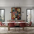 Modern Living Dining Room Interior With Gray Sofa Dining Table And Colorful Wall Art