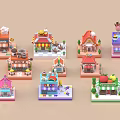 Miniature Colorful Residential Building Models With Various Colored Roofs And Ice Cream Bread Fruit Decorations