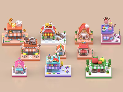 Miniature Colorful Residential Building Models With Various Colored Roofs And Ice Cream Bread Fruit Decorations 3d model
