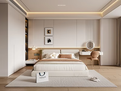 Modern Minimalist Bedroom Interior With White Bed Wardrobe Dressing Table And Ambient Lighting 3d model