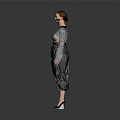 Woman Wearing Green Gray Top Black Pants Drawstring Split Design High Heels Gray Background