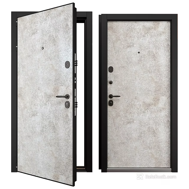 Double Modern Light Gray Swing Doors With Concrete-like Texture Black Frames And Handles 3d model 