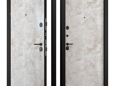 Double Modern Light Gray Swing Doors With Concrete-like Texture Black Frames And Handles 3d model