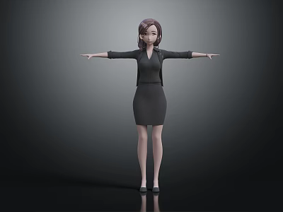 3D Female Character In Black Dress With Arms Outstretched On Gray Background 3d model