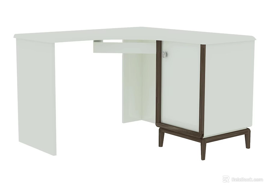 Modern L Shaped Desk With White Surface Dark Wooden Legs And Storage Cabinet 3d model 