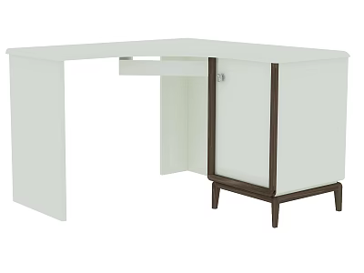Modern L Shaped Desk With White Surface Dark Wooden Legs And Storage Cabinet 3d model