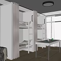 School Dormitory Interior With Bunk Beds Study Desk Sofa And Window 3d model