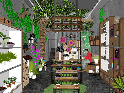 Indoor Plant Store Featuring Green Plants Display Shelves And Customer Shopping 3d model
