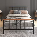 Modern Double Bed With Black Metal Frame Wooden Headboard And Gray Bedding In Bedroom