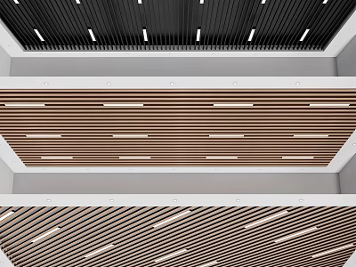 Modern Stylish Ceiling Design With Black Linear Slats Wooden Panels And Recessed Lighting 3d model