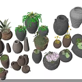 Decorative Garden Ornaments With Assorted Clay Flower Pots Vases And Green Plants