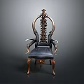 Elegant Vintage Chair With Ornate Backrest Curved Armrests And Dark Leather Seat