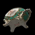 Ornate Green Lidded Ceramic Vessel With Fruit Shaped Handle Golden Accents And Decorative Patterns