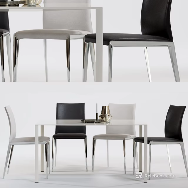 Modern Sleek Dining Table Set With White Tabletop Black And White Chairs And Metal Legs 3d model 