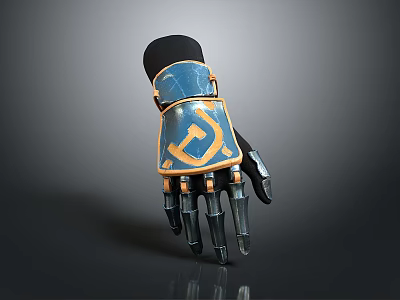 Game Movie Character Mechanical Glove With Blue Gold Metallic Texture Black Fingers Gold Wrist Decorations 3d model