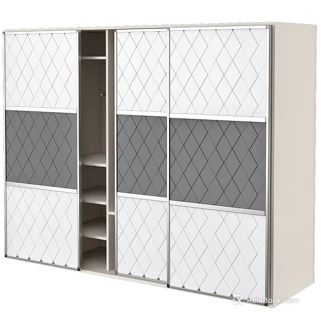 Modern White and Gray Wardrobe with Sliding Doors Diamond Pattern and Storage Shelves 3d model 