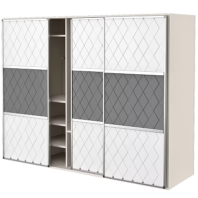 Modern White and Gray Wardrobe with Sliding Doors Diamond Pattern and Storage Shelves 3d model