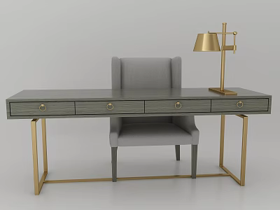 Modern Wooden Desk With Drawers Gold Legs Grey Chair And Table Lamp 3d model