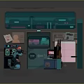 Cartoon Scene Featuring Futuristic Counter Neon Sign Screens Control Panels And Characters
