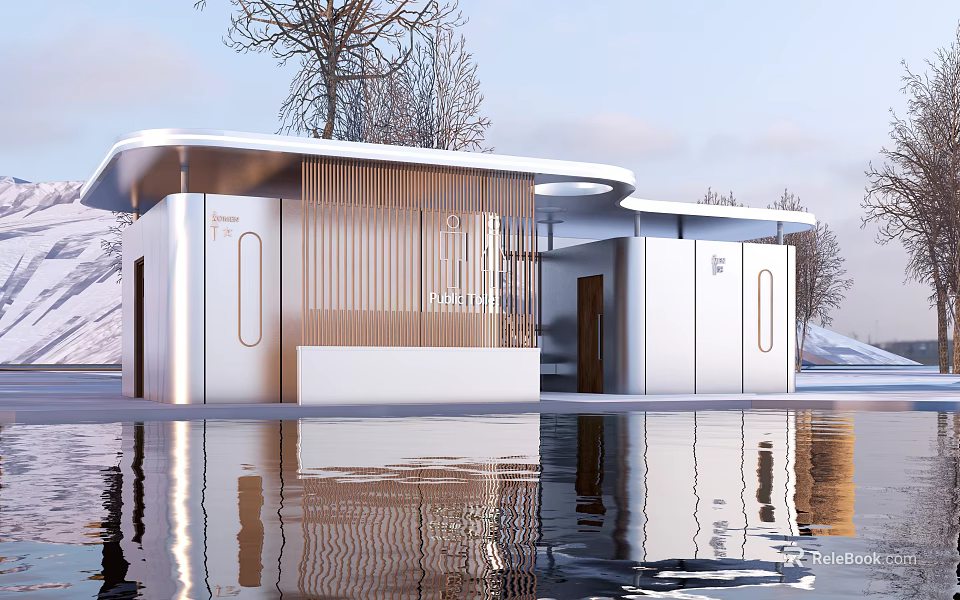 Modern Public Toilet Building With Wooden Facade And Water Reflection In Natural Surroundings 3d model 