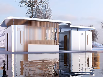 Modern Public Toilet Building With Wooden Facade And Water Reflection In Natural Surroundings 3d model