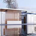 Modern Public Toilet Building With Wooden Facade And Water Reflection In Natural Surroundings