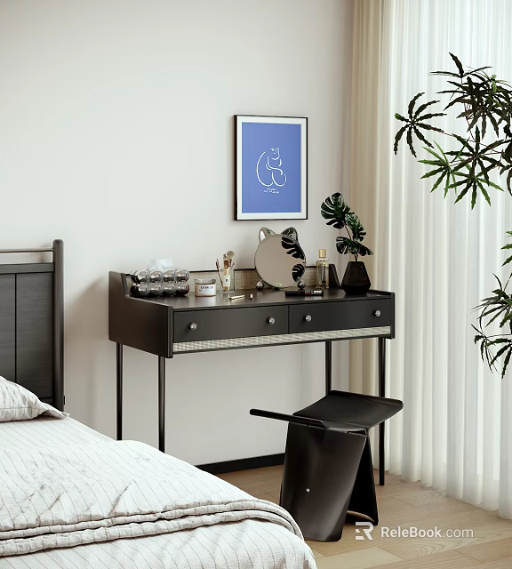 Modern Black Dressing Table In Bedroom With Mirror Cosmetics Plant Stool And Blue Artwork 3d model 