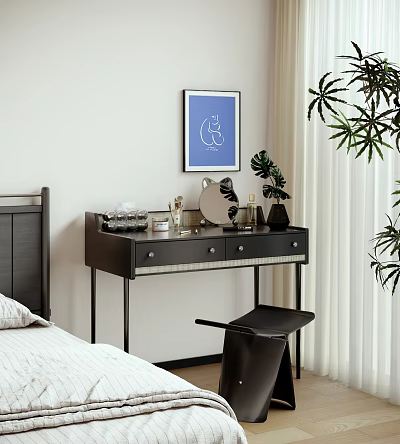 Modern Black Dressing Table In Bedroom With Mirror Cosmetics Plant Stool And Blue Artwork 3d model