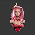 3D Female Bust Sculpture With Pink Long Hair Heart Headpiece Red Outfit And Curved Patterns