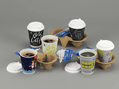 Assorted Disposable Paper Cups With Lids Cup Holders And Straws In Various Designs 3d model