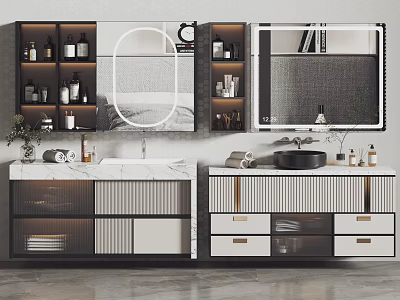 Modern Bathroom Vanity With Marble Countertop Mirror Drawers And Storage Design 3d model