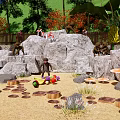Park Landscape With Fenced Play Area Sandpit Rock Formation Palm And Banana Trees