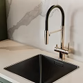 Modern Green Kitchen Interior With Marble Countertop Island Range Hood And Cabinets