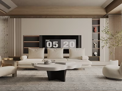 Modern Living Room Interior Design With Beige Sofa Coffee Table Bookshelves And Textured Rug 3d model