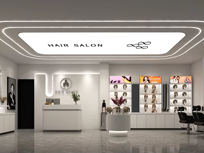 Modern Hair Salon Interior Design With Reception Counter Hair Model Shelves And Styling Chairs 3d model