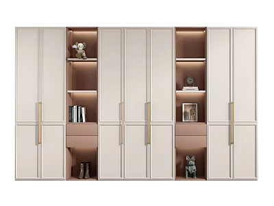 Modern White Bookcase With Cabinet Doors Open Shelves Gold Handles Decorative Items Books Photo Frame 3d model