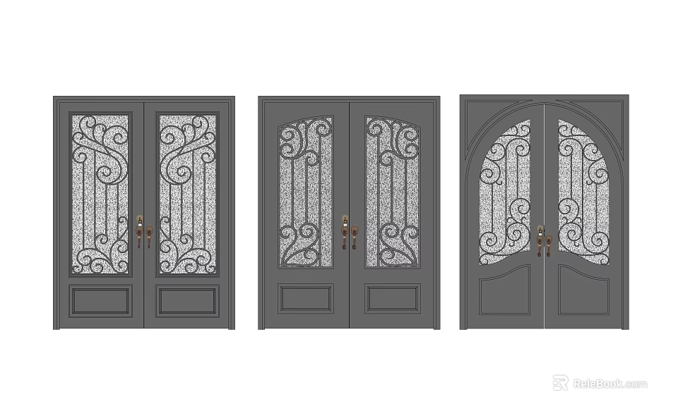 Stylish Gray Double Doors With Wrought Iron Designs Glass Panels And Arched Top 3d model 