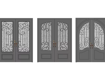 Stylish Gray Double Doors With Wrought Iron Designs Glass Panels And Arched Top 3d model
