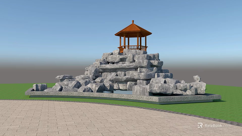 Garden Landscape Featuring Orange Roofed Pavilion On Stone Rockery With Paved Ground And Grass 3d model 