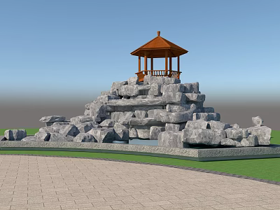 Garden Landscape Featuring Orange Roofed Pavilion On Stone Rockery With Paved Ground And Grass 3d model