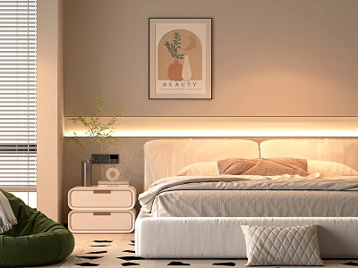 Modern Double Bed Bedroom Interior with LED Strip Light Nightstand Wall Art and Potted Plant 3d model