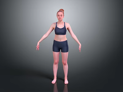 Woman Standing in Dark Sports Bra and Shorts with Arms Outstretched on Gray Background 3d model