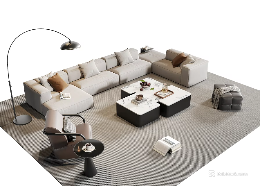 Modern L Shaped Sofa and Coffee Table Set with Floor Lamp Accent Chair and Rug 3d model 