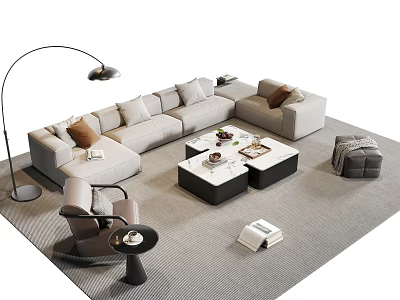 Modern L Shaped Sofa and Coffee Table Set with Floor Lamp Accent Chair and Rug 3d model