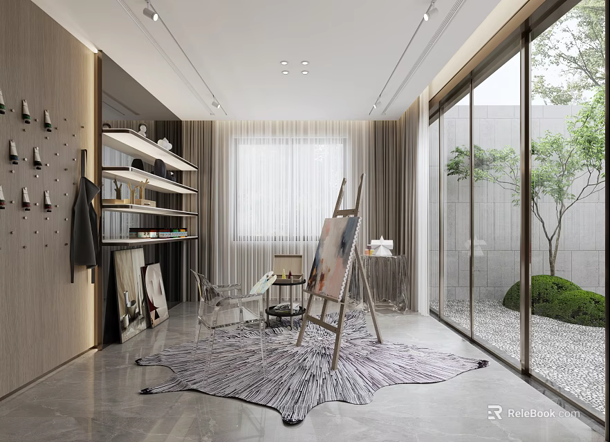 Elegant Modern Entertainment Room Interior With Zebra Patterned Rug Easel And Floor To Ceiling Windows 3d model 