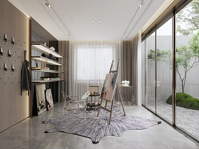 Elegant Modern Entertainment Room Interior With Zebra Patterned Rug Easel And Floor To Ceiling Windows 3d model