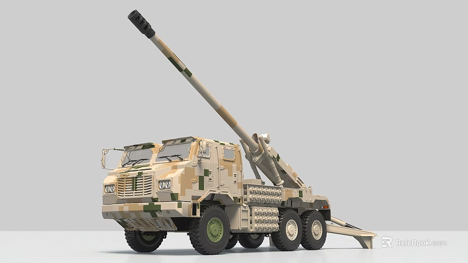 Camouflage Painted Military Utility Vehicle With Long Cannon And Wheeled Chassis 3d model 