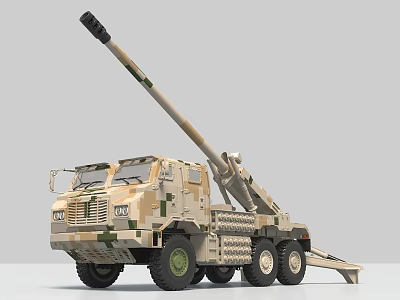 Camouflage Painted Military Utility Vehicle With Long Cannon And Wheeled Chassis 3d model