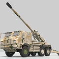 Camouflage Painted Military Utility Vehicle With Long Cannon And Wheeled Chassis